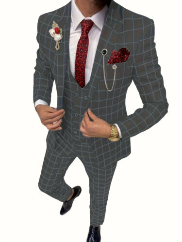 Elegant Men's Suit 3 Pieces Plaid Tuxedos Business Suits Slim Fit Doub