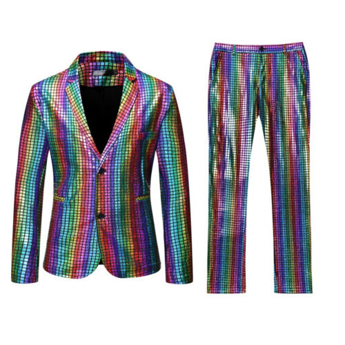 Grid Printed Men 2 Piece Suit Set Retro Punk Single Breasted Blazers A