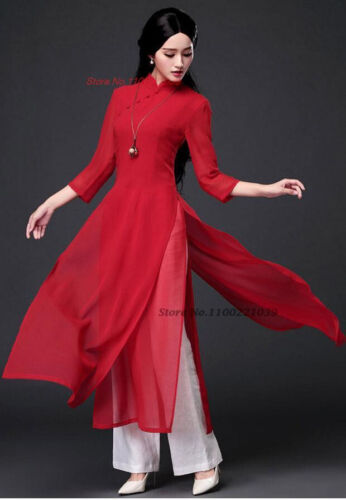 2024 traditional folk style aodai dress+pants set vietnam chiffon aoda