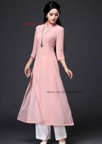 2024 traditional folk style aodai dress+pants set vietnam chiffon aoda