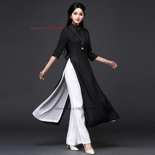 2024 traditional folk style aodai dress+pants set vietnam chiffon aoda