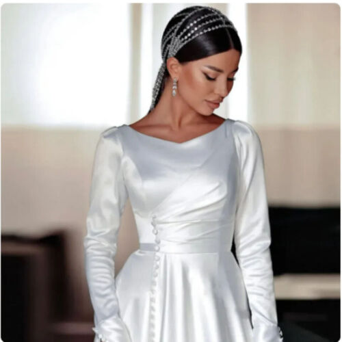 Elegant Satin Custom Made A Line Wedding Dress For Women 2024 Buttons