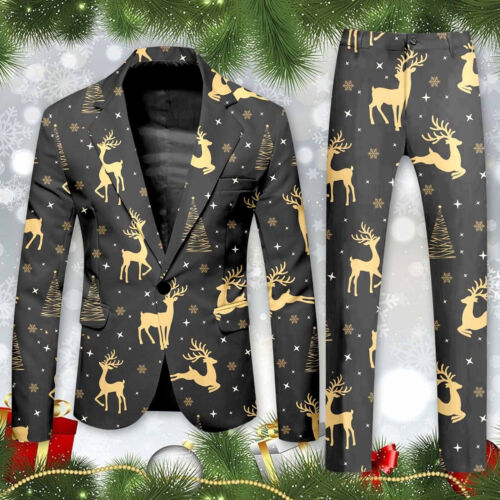 Blazer Men's Christmas 2 Piece Suit Set Snowflake Print Suit Jacket An