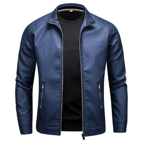 Motorcycle PU Leather Jacket Men Blue Leahter Jacket Male Stand Collar