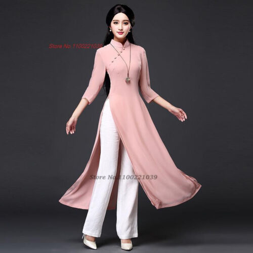 2024 traditional folk style aodai dress+pants set vietnam chiffon aoda