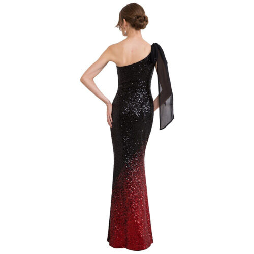 Angel-fashions Women's One Shoulder Gradient Sequin Black Red Self-tie