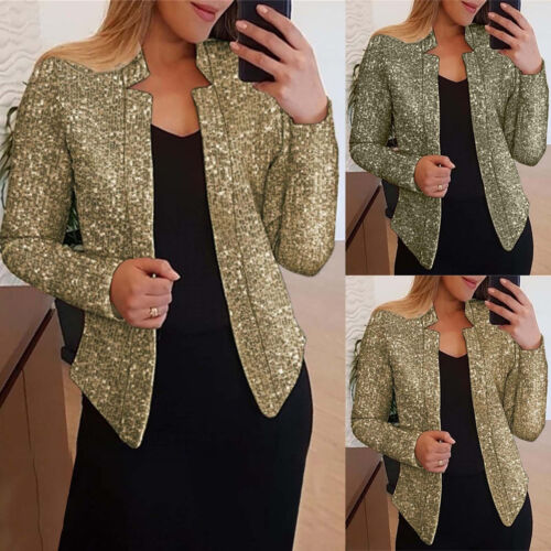 Fashion Sequin Blazer Long Sleeves Slim Fit Cardigan Women Open Front