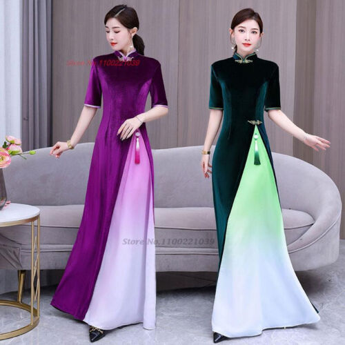 2024 aodai traditional vietnam velvet cheongsam dress gradient color v