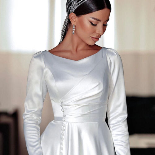 Elegant Satin Custom Made A Line Wedding Dress For Women 2024 Buttons