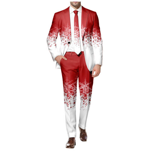 Blazer Men's Christmas 2 Piece Suit Set Snowflake Print Suit Jacket An