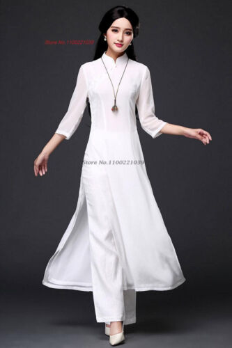 2024 traditional folk style aodai dress+pants set vietnam chiffon aoda