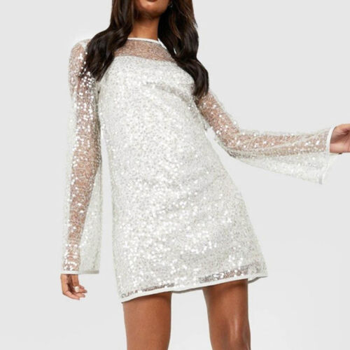 Women's Elegant White Sequins Mini Dress Fashion Crisscross Lace-up Ba