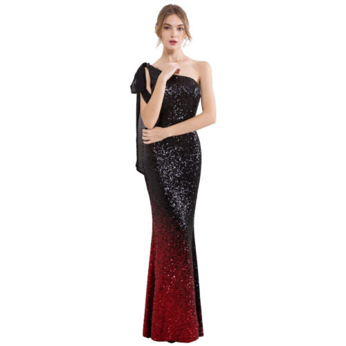 Angel-fashions Women's One Shoulder Gradient Sequin Black Red Self-tie