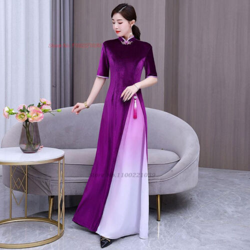 2024 aodai traditional vietnam velvet cheongsam dress gradient color v