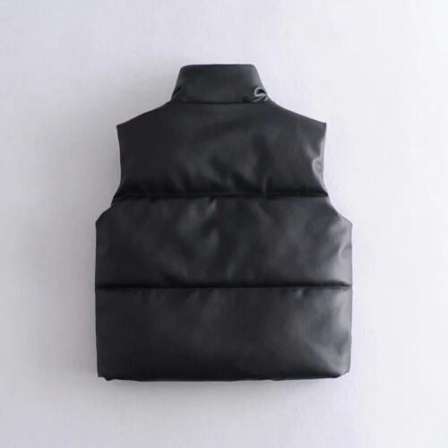 Autumn Winter PU Leather Coat Women Black Stand Collar Vests Women Fas