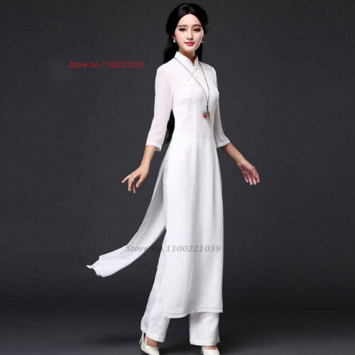 2024 traditional folk style aodai dress+pants set vietnam chiffon aoda