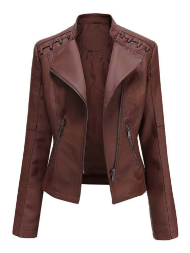 Women's Faux Leather Jackets Autumn Winter Long Sleeve Zipper Slim Mot