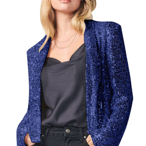 Women's Sequin Suit Long Sleeve Lapel Solid Color Blazer Coat Casual O