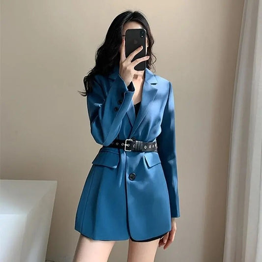 Blue Women Blazers Coat Spring New 2023 Korean Belt Tunic Single Button Jacket image 0