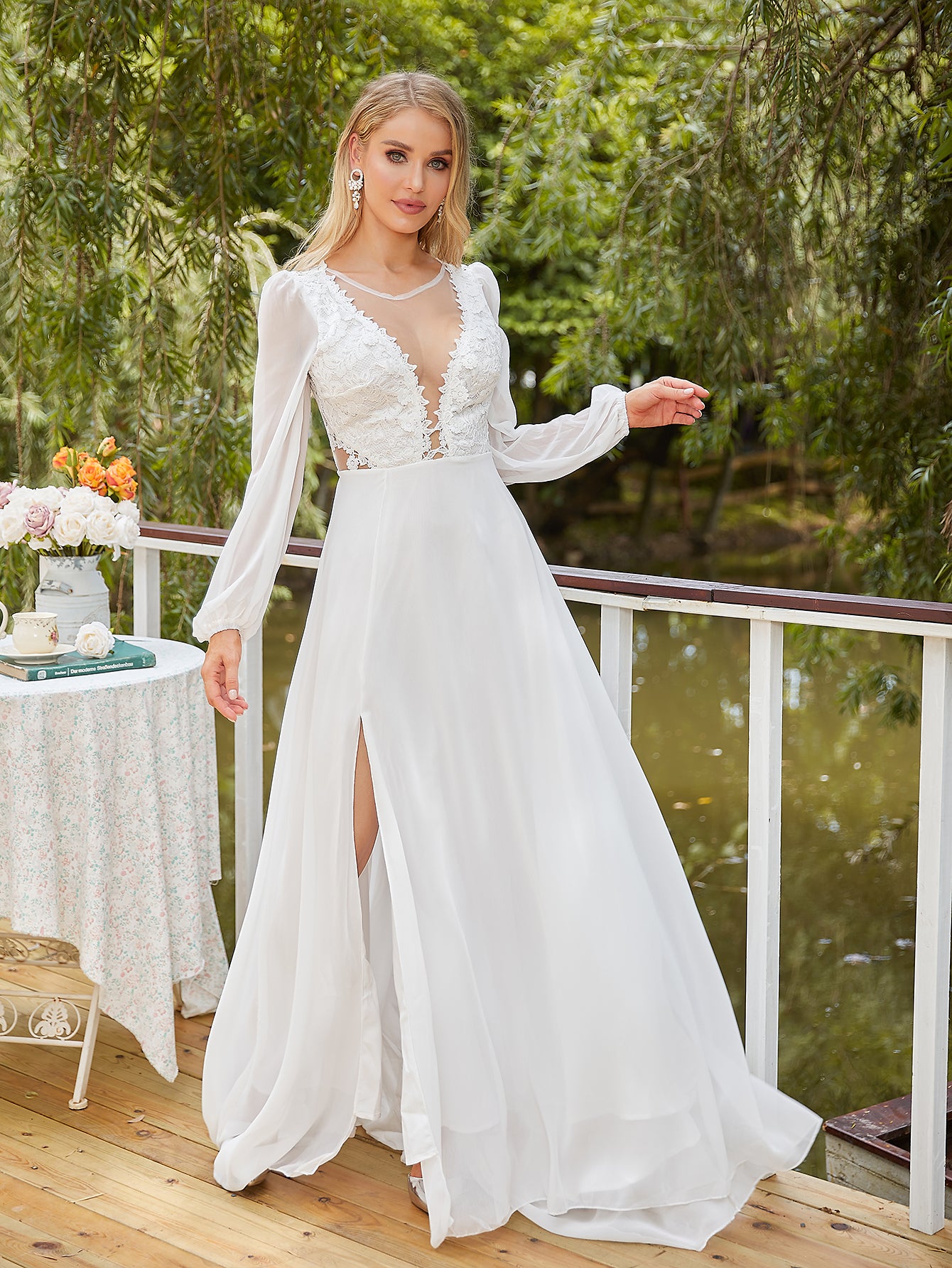 Women's V-Neck Lace Beach Wedding Dress With Slit Long Sleeve Chiffon Bohemian image 4