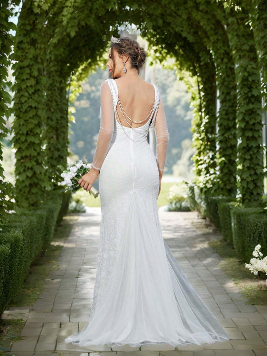 SHEIN Belle Elegant & Romantic & Noble Mermaid Style Wedding Dress With V-Neck See-Through Long Sleeves With Romantic Applique Decoration On The Shoulders Lace Fabric Flared Hem & Triangle Cutout Detail Large Open Back Exquisite Pearl Combination Chain De