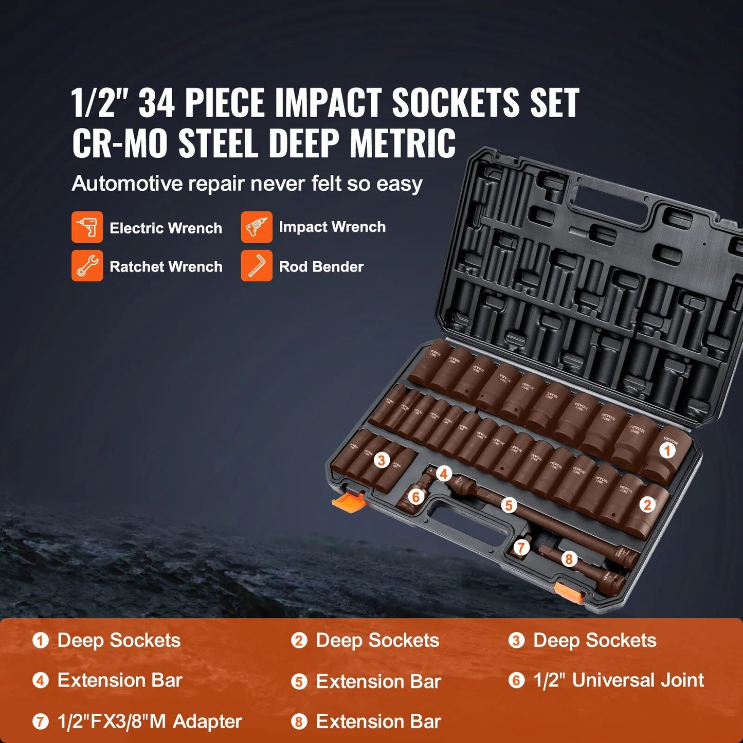 VEVOR 1/2" 3/8" Drive Impact Socket Set 23/33/34/48/65 PCs Deep Socket Set SAE image 2