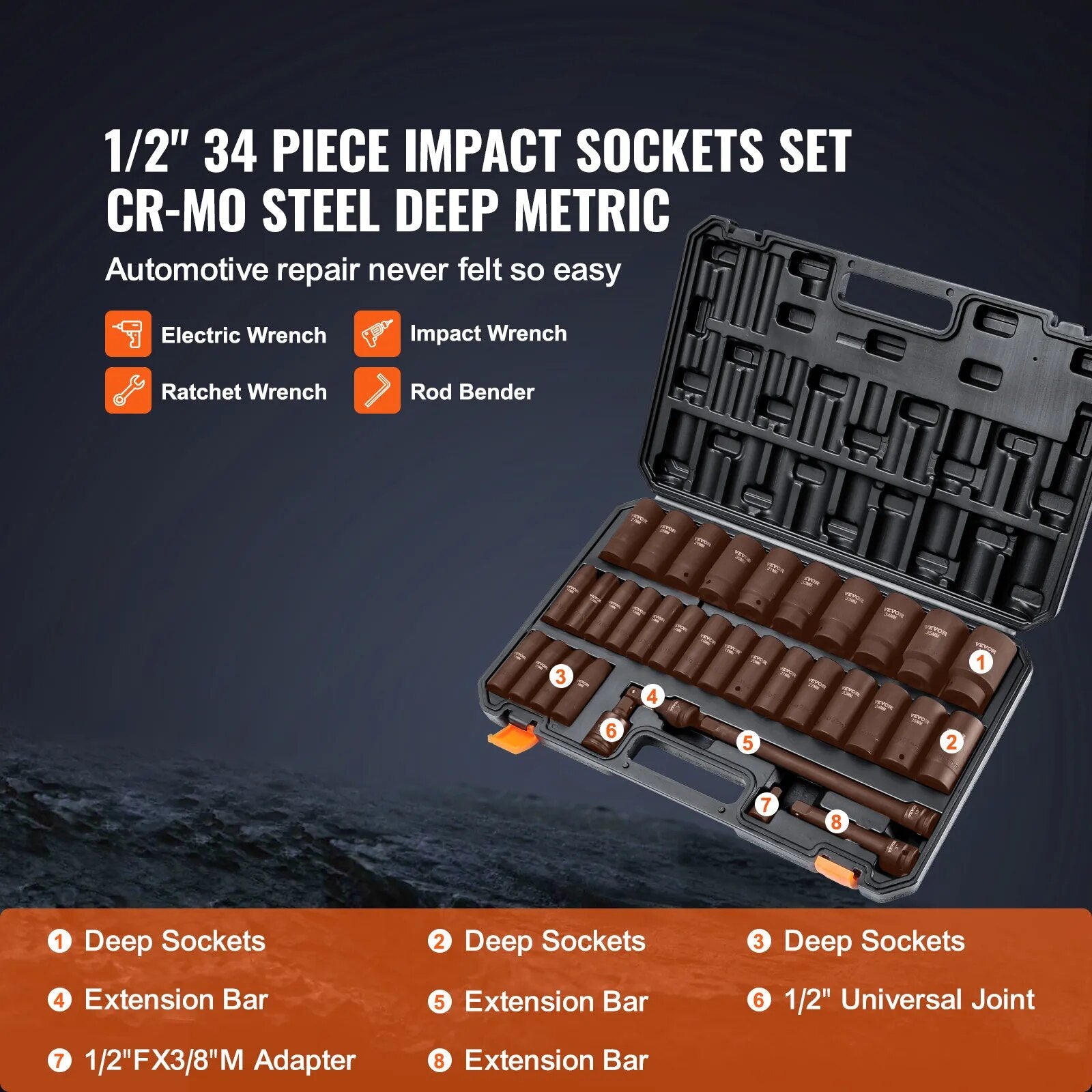 VEVOR 1/2" 3/8" Drive Impact Socket Set 23/33/34/48/65 PCs Deep Socket Set SAE image 2