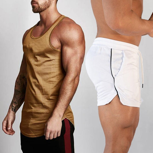 2pcs Sets Tank Top+Shorts Men Summer Joggers Suits Bodybuilding Fitness Men Tracksuits Gym Clothing Streetwear Mesh Sweatpant