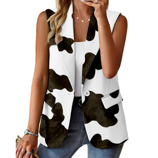 Womens Sleeveless Suit Blazer Vests Coats Cardigan Lapel Cow Print Jacket With image 0