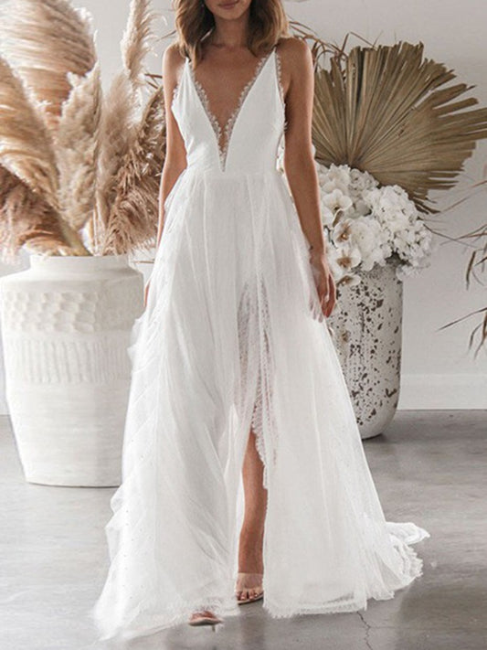 Freeacy 2024 New Women's V-neck Sexy Halter Dress White Split-side Mesh Wedding image 0