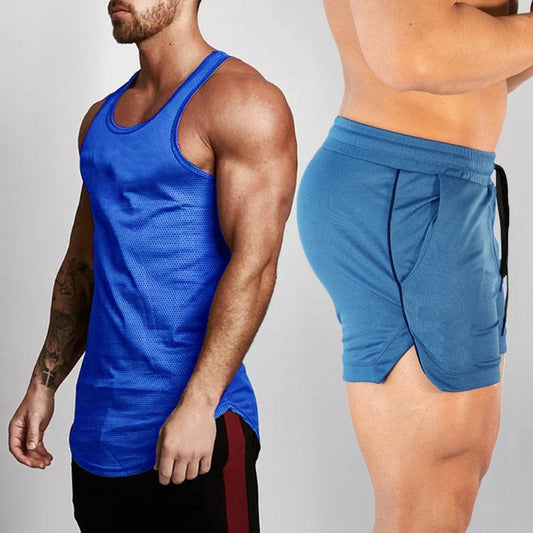 2pcs Sets Tank Top+Shorts Men Summer Joggers Suits Bodybuilding Fitness Men Tracksuits Gym Clothing Streetwear Mesh Sweatpant