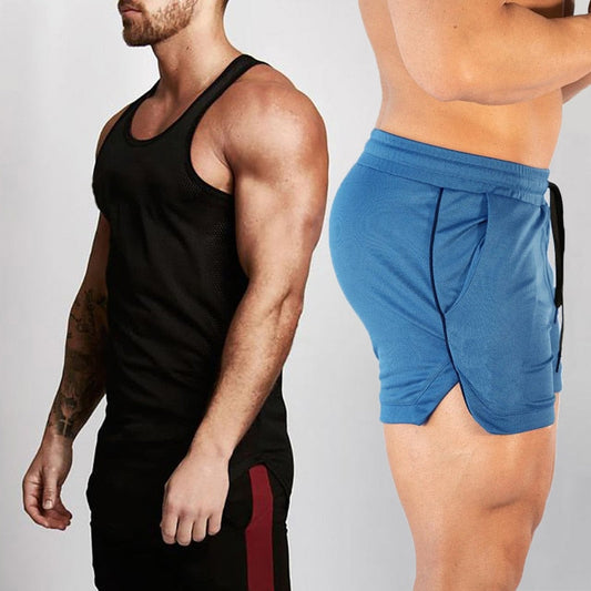 2pcs Sets Tank Top+Shorts Men Summer Joggers Suits Bodybuilding Fitness Men Tracksuits Gym Clothing Streetwear Mesh Sweatpant