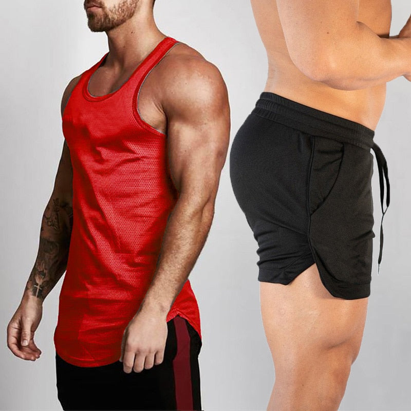 2pcs Sets Tank Top+Shorts Men Summer Joggers Suits Bodybuilding Fitness Men Tracksuits Gym Clothing Streetwear Mesh Sweatpant