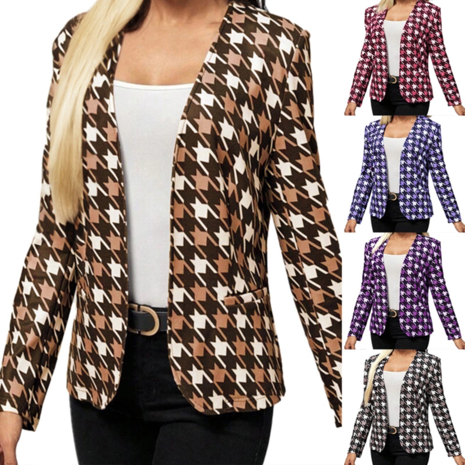 Ladies V Neck Long Sleeve Printed Suit Jacket Fashion Cardigan Top Casual Winte image 1