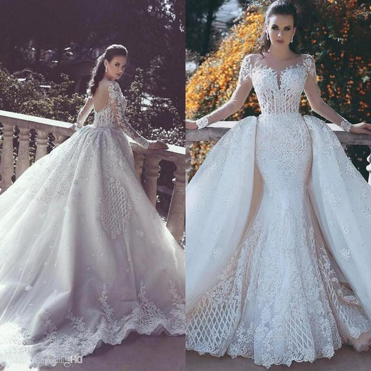 New Mermaid Lace Wedding Dresses Detachable Train Sheer Neck Long Sleeves Beaded Overskirt Dubai Arabic Bridal Gowns