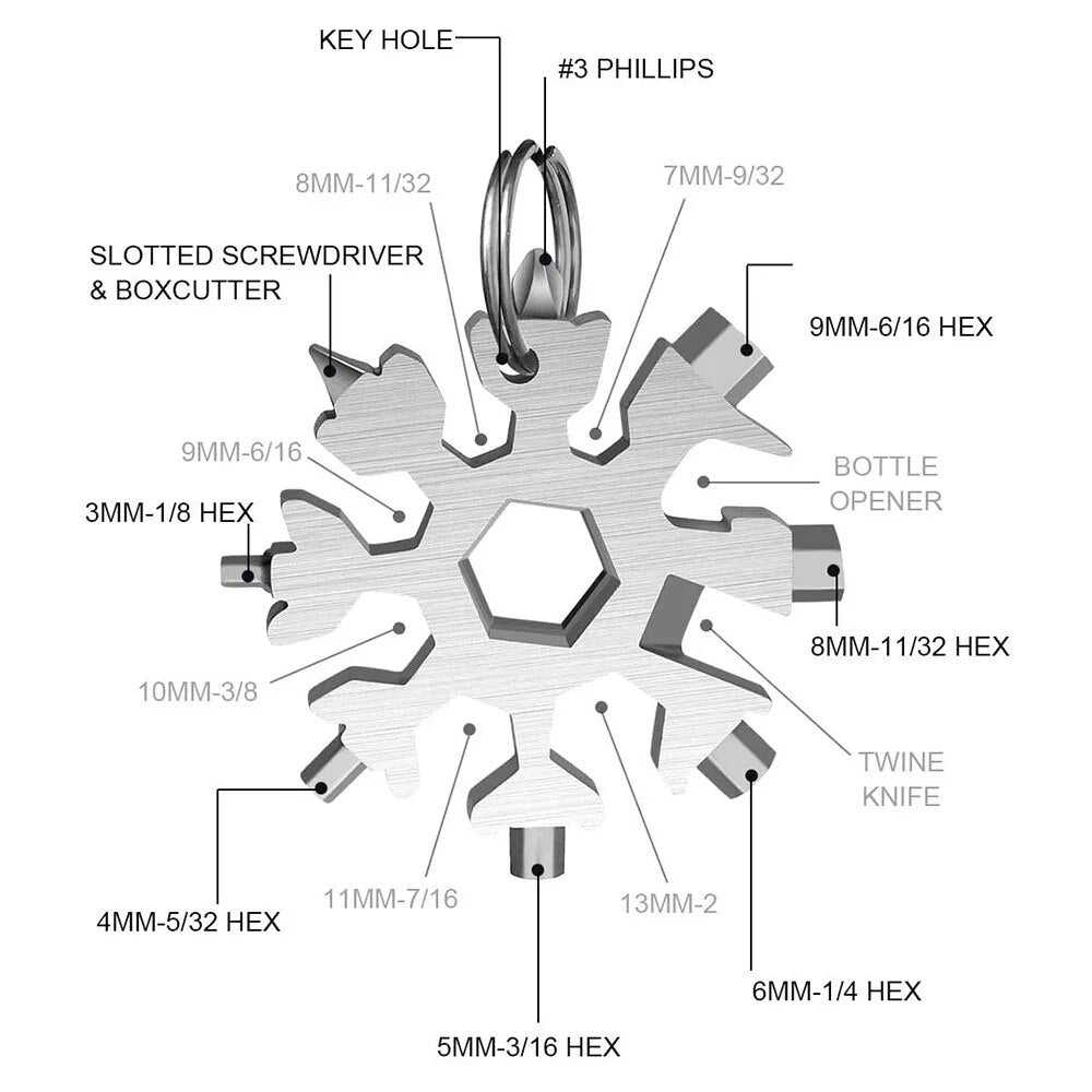 18in1 Snowflake Spanner Keyring Hex Multifunction Outdoor Hike Wrench Key Ring image 9