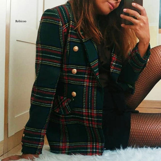Red Plaid Blazer Women Spring-Autumn Vintage Tweed Suits Jackets Office Ladies image 0