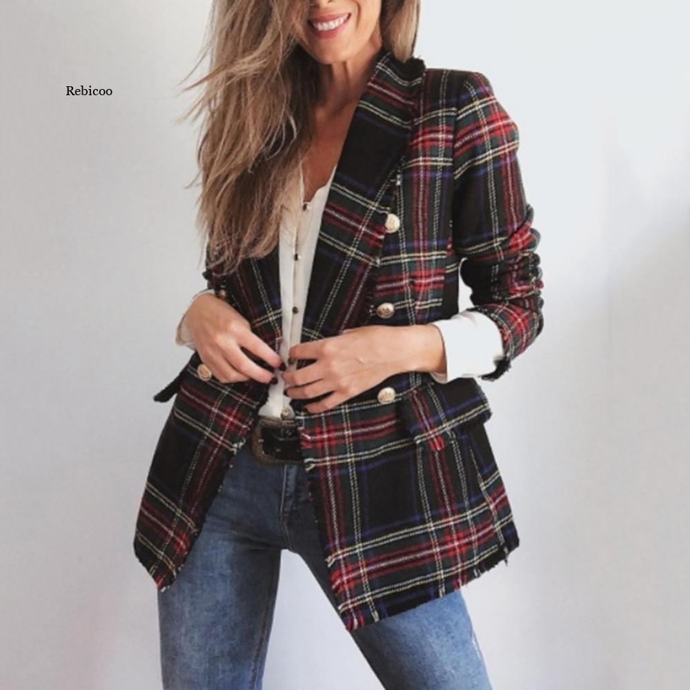 Red Plaid Blazer Women Spring-Autumn Vintage Tweed Suits Jackets Office Ladies image 6