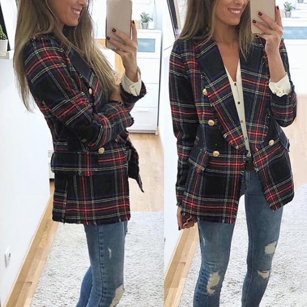 Red Plaid Blazer Women Spring-Autumn Vintage Tweed Suits Jackets Office Ladies image 4