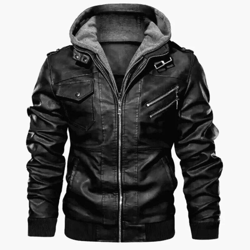 Men Hooded Leather Jackets Slim Casual Leather Coats New Fashion Male Street We