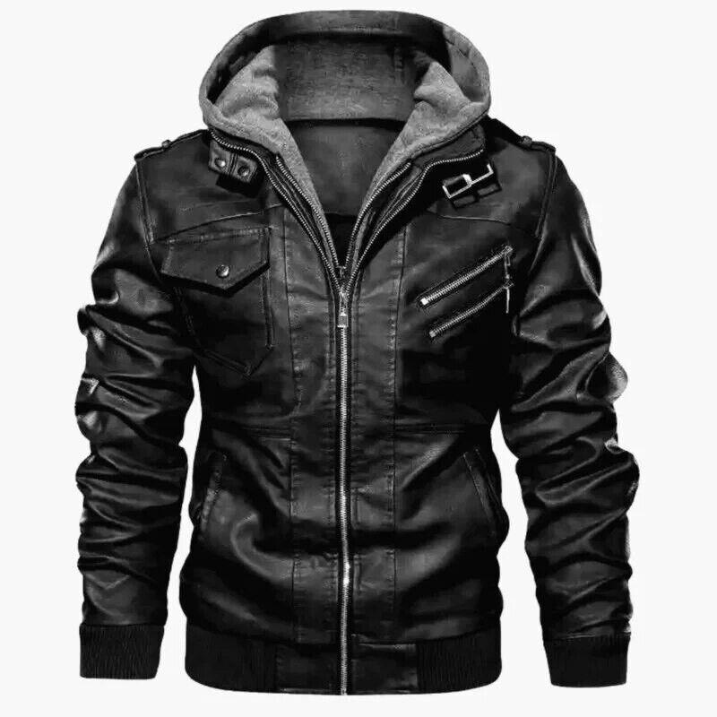 Men Hooded Leather Jackets Slim Casual Leather Coats New Fashion Male Street We