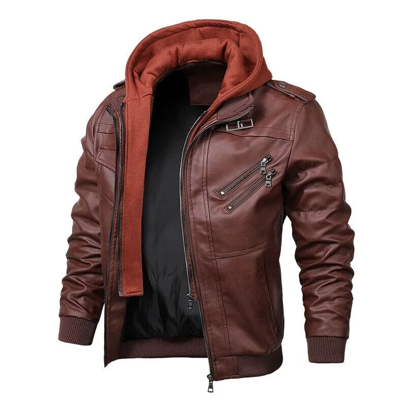 Men Hooded Leather Jackets Slim Casual Leather Coats New Fashion Male Street We