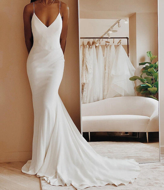 Modern Simple Satin Wedding Dress V-neck Spaghetti Straps Backless Formal Pleat