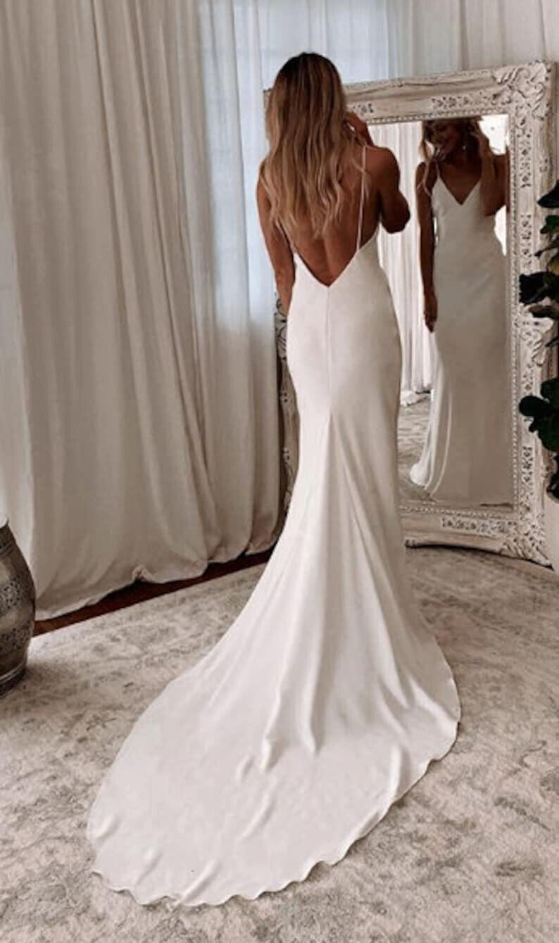 Modern Simple Satin Wedding Dress V-neck Spaghetti Straps Backless Formal Pleat