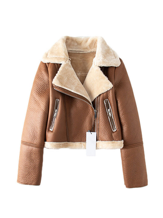 Streetwear Women Thick Warm Faux Leather Fur Short Jacket Autumn Winter Female