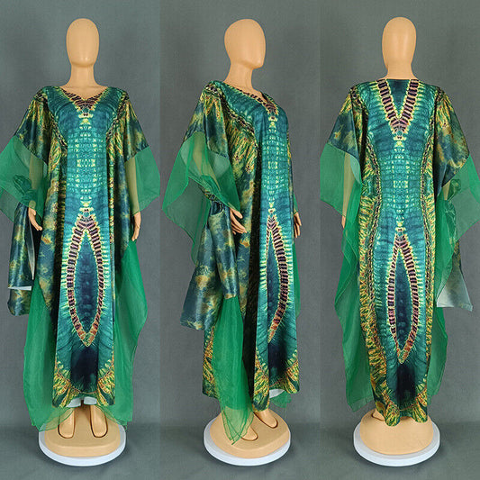 Bohemian Ethnic Kaftan Women African Print Dresses Evening Gown Mesh Party Robe