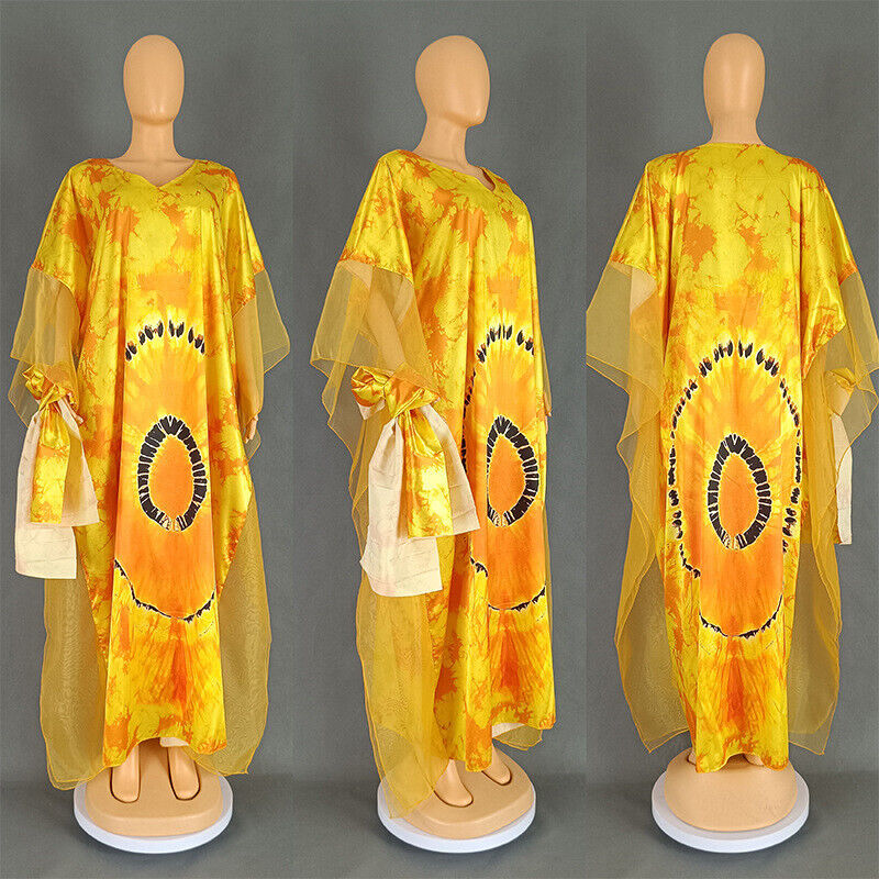 Bohemian Ethnic Kaftan Women African Print Dresses Evening Gown Mesh Party Robe