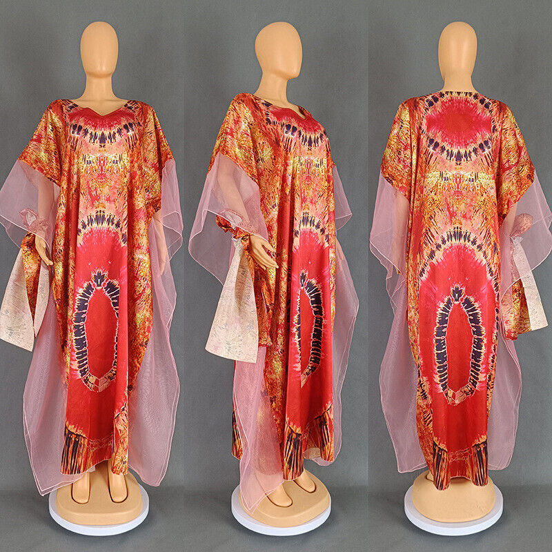 Bohemian Ethnic Kaftan Women African Print Dresses Evening Gown Mesh Party Robe