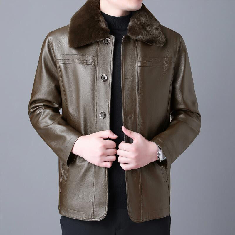 Winter Fur Collar Leather Jacket Men's Button Pu Leather Men Large Size Loose P