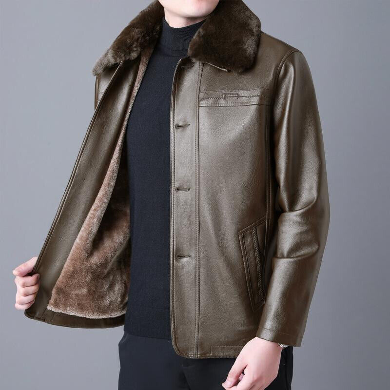 Winter Fur Collar Leather Jacket Men's Button Pu Leather Men Large Size Loose P